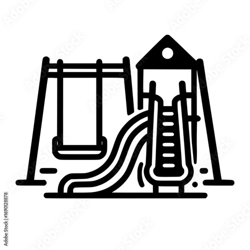 Playground with swings and slide black vector icon with transparent background 