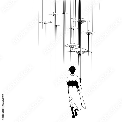 Japanese geisha girl in kimono holding umbrella in rain ink wash painting style black and white art print