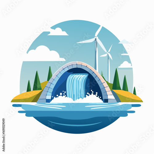 Circular Illustration Of Waterfall And Wind Turbines