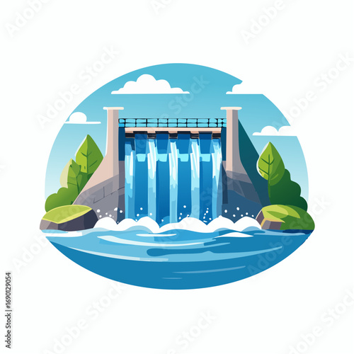 Circular Illustration Of A Dam With Waterfall
