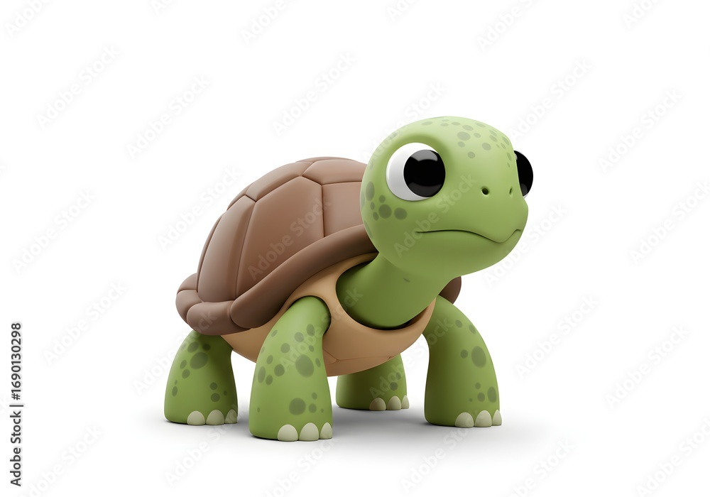 Fototapeta premium A cartoon turtle stands on a white background featuring a green head brown shell and large black eyes