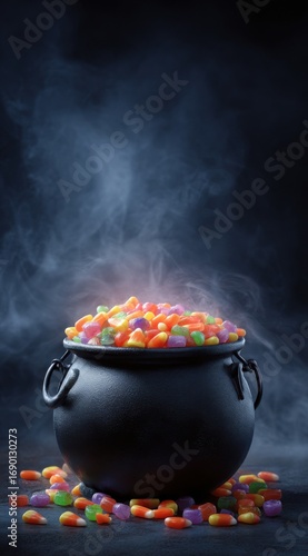 A Mysterious Cauldron Filled with Colorful Candy, Surrounded by Enigmatic Fog and Vibrant Sweets, Emanating an Exciting Aura of Sweetness