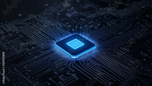 Luminous Circuitry. An Abstract Blue Core and Network of Interconnected Lines.