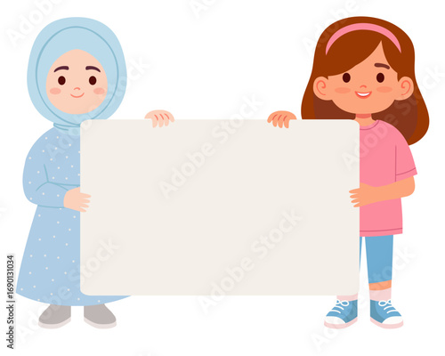 Cute diverse kids including girl in hijab standing together with empty sign for text, isolated on white background. Perfect for school, education, announcements, presentations and creative projects.