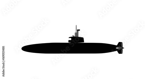 A simple black silhouette of a modern naval submarine shown in a side profile view.