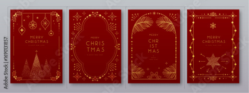 Set of modern Christmas frames or holiday greeting cards on red background. Line art vector illustration