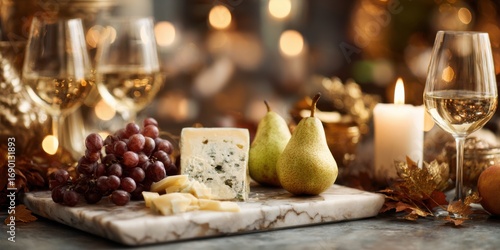 An Elegant Evening Spread Featuring Gourmet Cheese, Fresh Pears, Grapes, and White Wine, Perfect for a Cozy Gathering and Celebrations