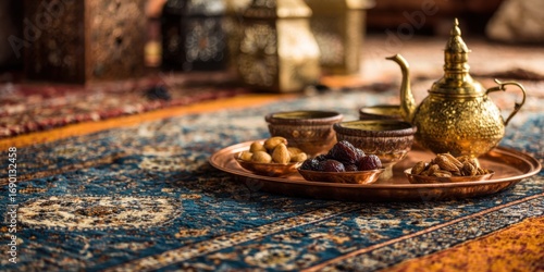 Elegant Brass Teapot and Traditional Middle Eastern Sweets Decoratively Arranged on a Colorful Rug with Warm Ambient Lighting