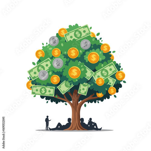 A flat vector illustration of a money tree providing shade to people. this conceptual icon symbolizes financial security, generational wealth, and prosperity.