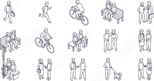 Vector vector art of collection of simple line drawings depicting people in various everyday activities transparent background