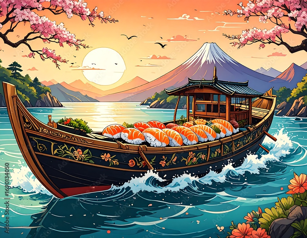 Obraz premium Traditional sushi boat sailing at sunset near mountains