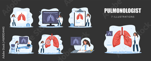 Pulmonologist concept. Tuberculosis, pneumonia, lung cancer diagnostic. Pulmonology and respiratory system treatment. Doctor appointment and patient help. Set of Vector illustration.