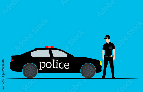 Vector illustration of police officer standing beside a black police car with blue background