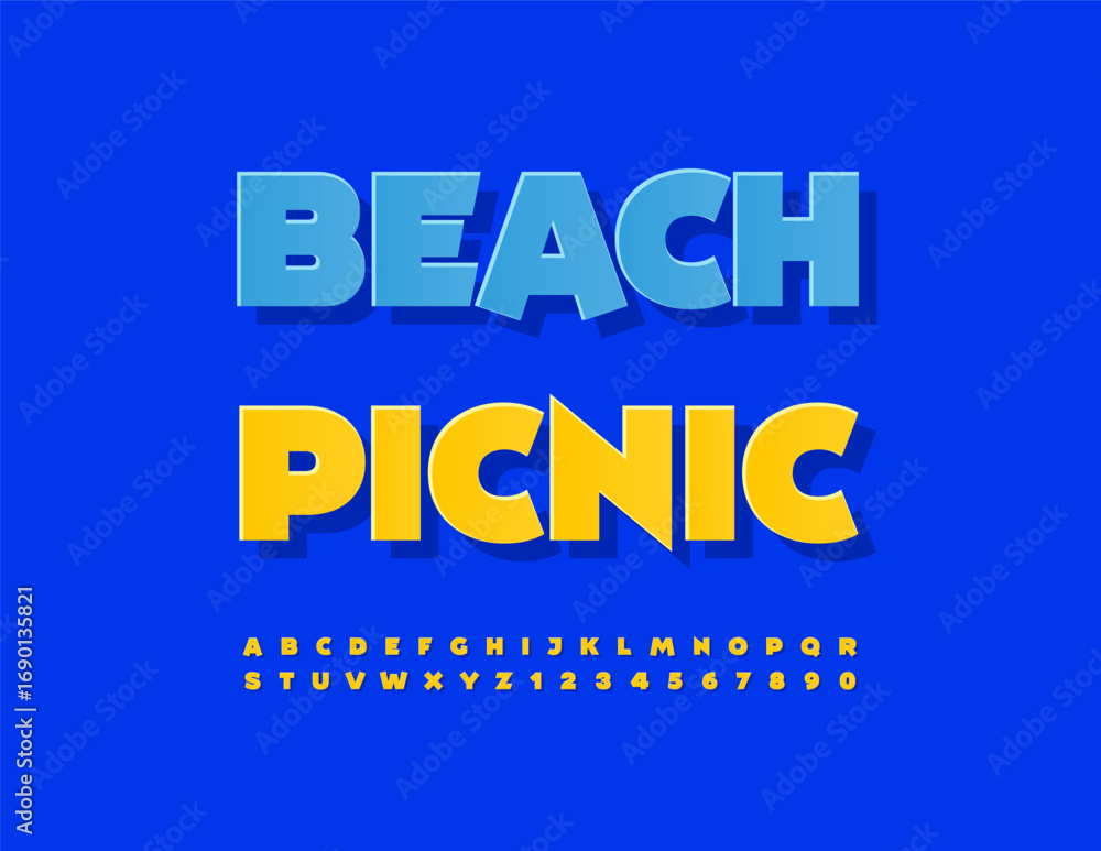 Obraz premium Vector Creative sign Beach Picnic. Sunny Yellow Font. Artistic Uppercase Alphabet Letters and Numbers set.