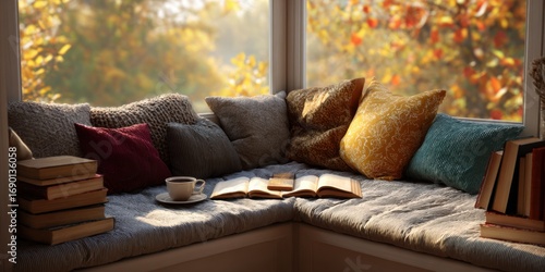 Cozy Reading Nook Surrounded by Autumn Foliage, Inviting Soft Cushions, Warm Sunlight, and Stacks of Books for Relaxation and Enjoyment