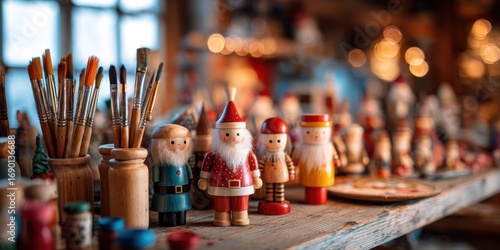 A Cozy Artisan Workshop Displaying Handcrafted Wooden Santa Figurines Surrounded by Colorful Art Supplies and a Warm, Festive Atmosphere
