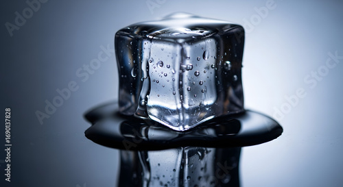 Melting ice cube sits on reflective surface, creating a small puddle of water under soft studio lighting, showcasing fragility and transience.