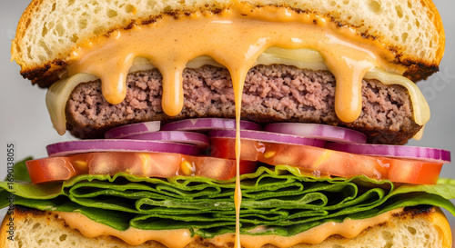 Juicy burger dripping with sauce sits on a sesame seed bun with fresh vegetables, showcasing a delicious and tempting meal, appetizing.