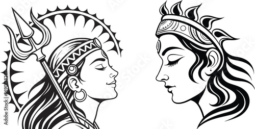 Two Profile Silhouettes Of Divine Figures With Ornate Headdresses couple woman