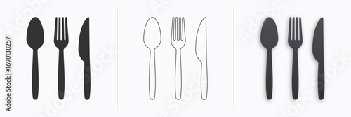 Cutlery icon set isolated on white background. Spoon, forks, knife symbols. Restaurant business concept or logo design template. Vector illustration