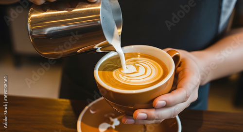 Barista pouring creamy milk into a cup of coffee at a cafe, creating latte art with precision and skill, showcasing the artistry of coffee making.