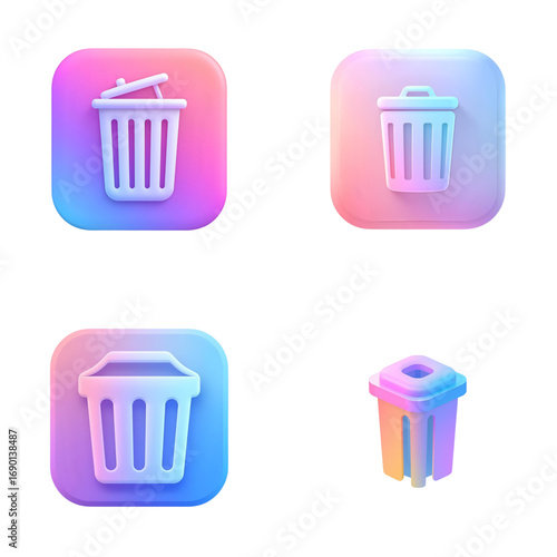 Colorful glossy icon set with trash, recycle, and delete buttons for web and digital use