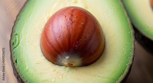 Closeup of a ripe avocado half reveals its smooth, creamy flesh and large seed on a wooden surface, showcasing natural beauty and healthy eating.