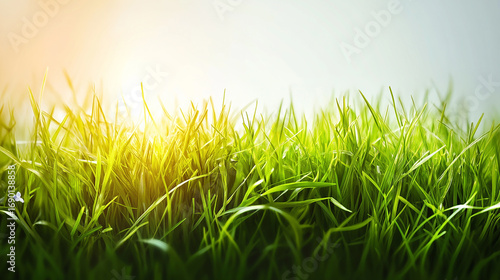 Sunlit Green Grass Field. Natural Summer Outdoor Landscape with Clear Sky