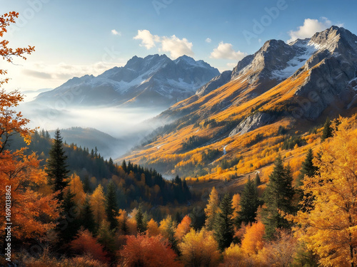 Majestic autumn mountains in sunlight.
