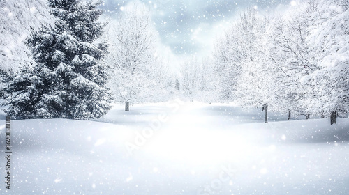 Peaceful Snowy Winter Landscape with Trees. Magical Snowfall Scene