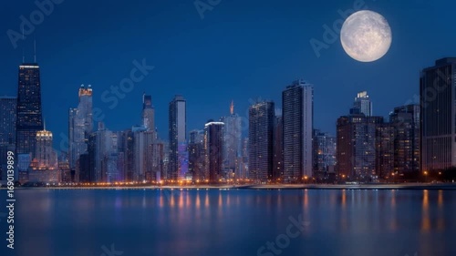 Wallpaper Mural Night cityscape with full moon reflection Torontodigital.ca