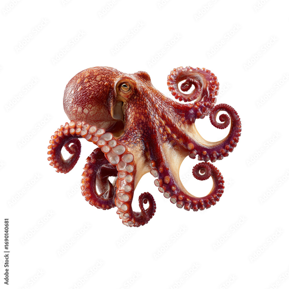 Obraz premium Vibrant Red Octopus with Tentacles Curled, Isolated on Black Background