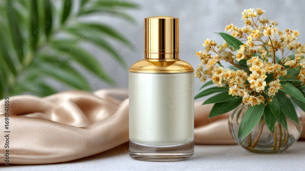 Naklejka premium Elegant perfume bottle mockup with golden cap displayed near silk cloth and flowers