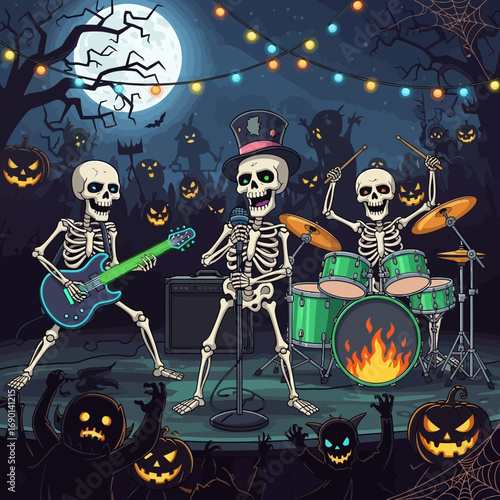 Spooky skeletons rock out on stage with pumpkins and monsters under a full moon