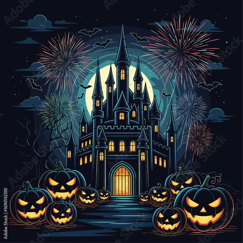 Spooky Halloween castle celebration with jack-o'-lanterns and vibrant fireworks illuminating the night sky