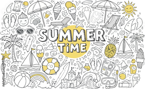 Vector vector art of summer time doodle collection with beach, vacation, and travel elements transparent background