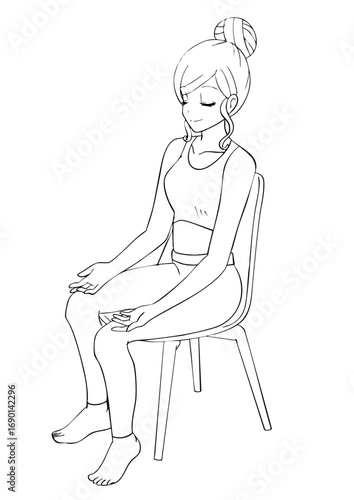 椅子に座って手のひらを上に向けて瞑想をする女性の白黒イラスト