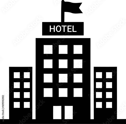 Simple hotel building icon with flag sign