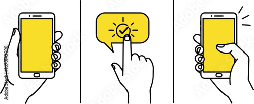 Vector vector art of three panel illustration showing a hand holding a smartphone, interacting with a notification, transparent background
