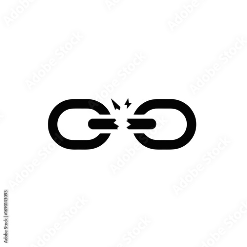 A black and white graphic of a broken chain link, symbolizing disconnection or weakness.