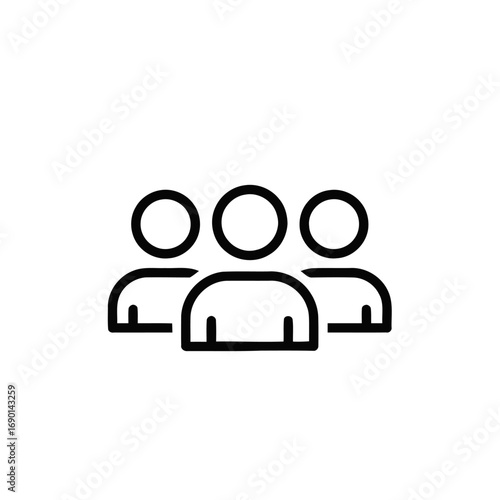 Simple line art icon depicting three individuals standing together, symbolizing a group or team.