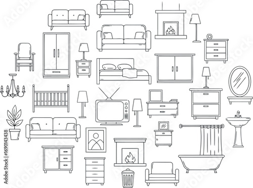 Vector vector art of collection of furniture and home decor items in a sketch style, transparent background