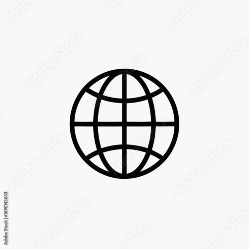 Simple black and white icon depicting a stylized globe, isolated on white background.