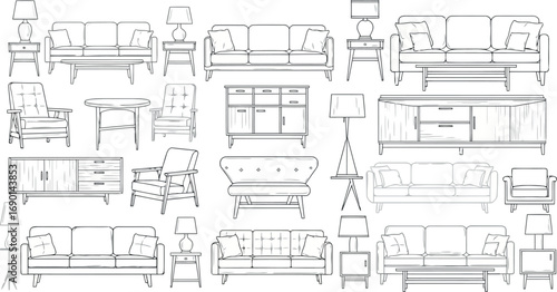 Vector vector art of assortment of living room and bedroom furniture pieces in a sketch style, transparent background