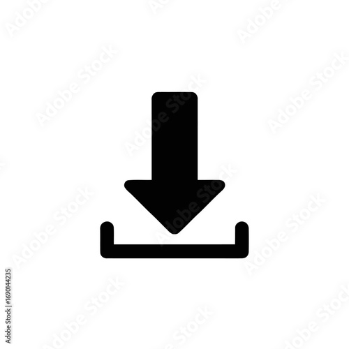 Simple black and white icon representing a downward arrow entering a tray.