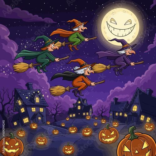 Witches fly over spooky village and glowing pumpkins under grinning full moon night