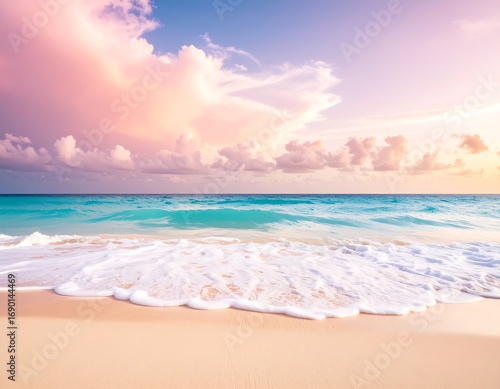 Beautiful 3d ocean beach with gentle waves at sunset