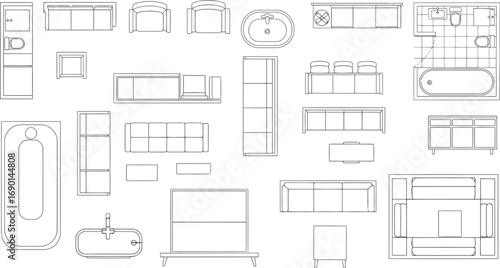 Vector vector art of top view sketches of various furniture pieces and bathroom fixtures, transparent background