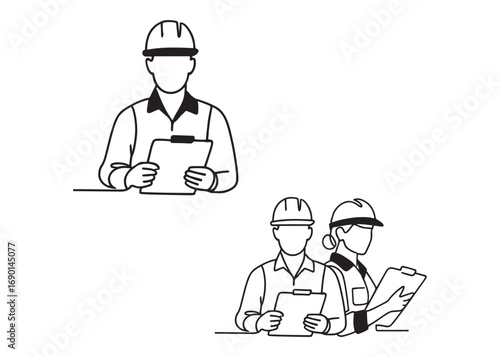 Workers with helmet in continuous minimalist line art. Construction industrial worker concept. Man and woman standing with paper. Vector modern illustration