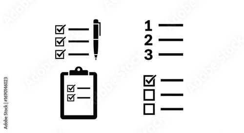 Vector illustration of set of checklist icons with pen and clipboard